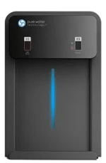 A black wall-mounted water dispenser with hot and cold water indicator buttons and a vertical blue light in the center.
