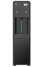 A black freestanding water dispenser with two spouts and a digital display on the upper front panel.