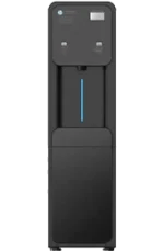 A black freestanding water dispenser with buttons and a spout on the front panel.