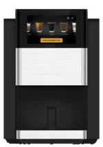 A modern beverage vending machine with a touchscreen display showing various drink options.
