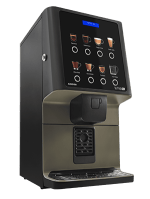 A black and silver coffee vending machine with a touchscreen displaying drink options such as espresso, cappuccino, and hot chocolate.