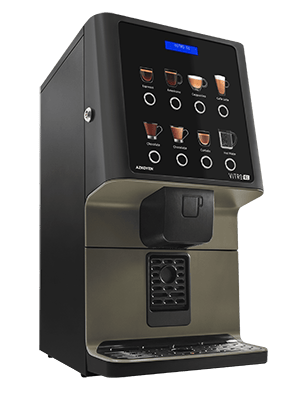 A black and silver coffee vending machine with a touchscreen displaying drink options such as espresso, cappuccino, and hot chocolate.