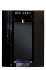 A black water dispenser with touch control buttons and a central nozzle for dispensing water.
