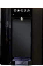 A black water purifier with a digital control panel and touch buttons on the front.