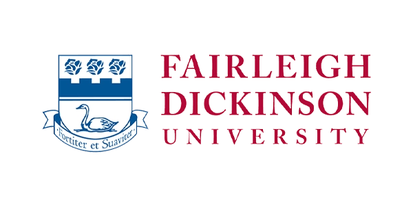 Fairleigh Dickinson University logo featuring a blue and white shield with a swan, three roses, and the motto "Fortiter et Suaviter" beside the university name in red text.