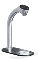 Sleek, modern water dispenser with a curved metal spout, black control panel on top, and a perforated drip tray at the base.