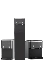Three black water dispensers of different sizes are displayed side by side on a white background.