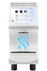 A white scientific instrument with a touchscreen display showing icons, featuring a blue logo and vents on the front.