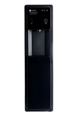 A black floor-standing water dispenser with two spouts and a control panel on the upper front.