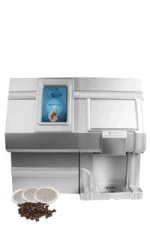 A commercial coffee machine with a digital display, a cup dispensing area, and coffee pods and beans placed in front.