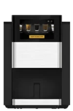 A modern black and silver automatic coffee machine with a digital display showing various coffee options.