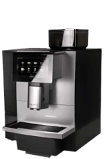 A modern automatic coffee machine with a digital display and cup tray, designed for brewing various coffee beverages.