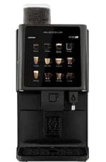 A black automatic coffee machine with a touchscreen display showing various coffee drink options and a clear bean hopper on top.
