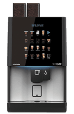 A modern coffee machine with a touchscreen display showing various drink options and two coffee bean containers on top.