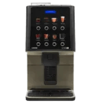 A commercial coffee vending machine with a touchscreen panel displaying various drink options and a cup dispenser area below.