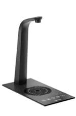 A modern black water dispenser with a tall curved spout, built-in drip tray, and touch control panel on a flat rectangular base.