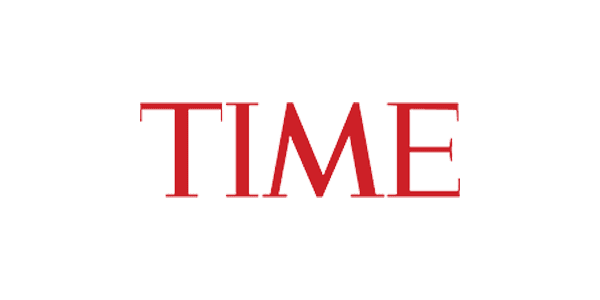 The image shows the word "TIME" in bold, red, uppercase serif letters on a white background, resembling the logo of TIME magazine.
