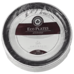 A stack of round disposable eco plates in clear packaging labeled "Eco Plates" and "Artisan Collection," containing 20 plates.