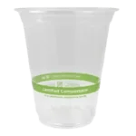 Clear plastic cup with a green band labeled "compostable" near the base, placed against a white background.
