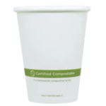 A white paper cup with a green band labeled "Certified Compostable" around the middle.