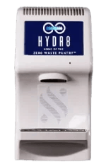 White HYDR8 water dispenser with a digital display and branding, mounted on a wall.