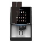 A black automatic coffee machine with a digital touch screen displaying various coffee options and two compartments on top.