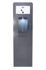 A modern, stainless steel water dispenser with a digital display and an illuminated area for filling bottles.