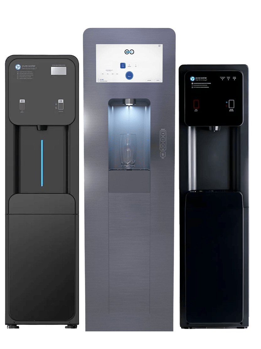 Three modern water dispensers with digital displays, featuring buttons for water dispensing and an area to place cups or bottles under the spouts.