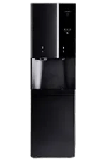 A black water dispenser with a top-loading water bottle compartment and dual dispensing spouts.