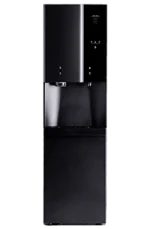 A black water dispenser with a top-mounted display and two dispensing spouts, featuring a lower cabinet for bottle storage.