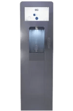 A freestanding water dispenser with a digital display at the top and a dispensing area illuminated by a light.