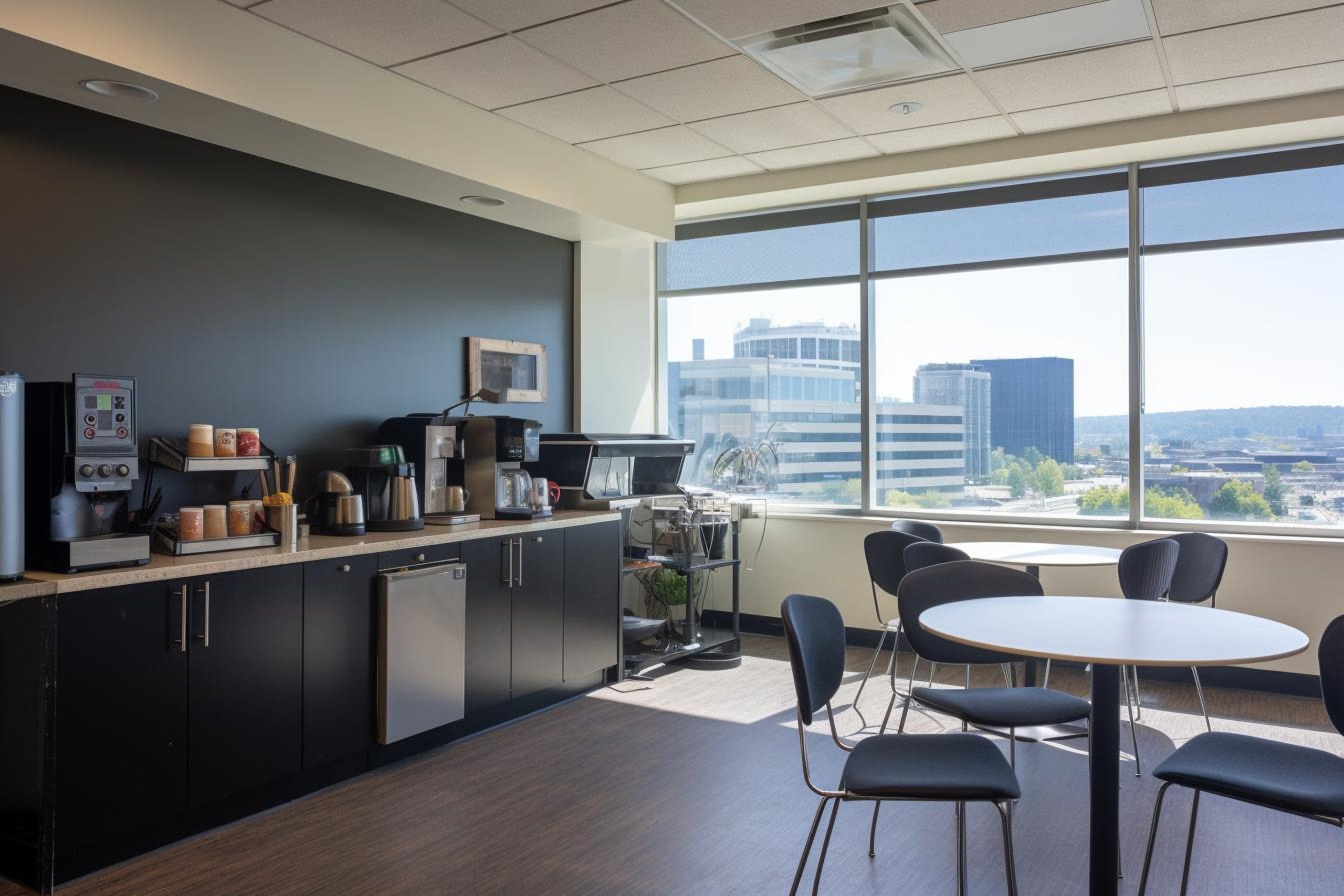 Office break room with coffee machines, supplies, and a small fridge on a counter, round tables with chairs, and large windows overlooking city buildings.