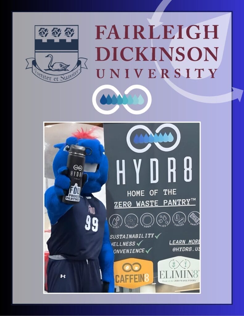 The FDU Kinght's mascot stands in front of a Hydr8 Zero Waste Pantry sign at Fairleigh Dickinson University, holding a black reusable water bottle.