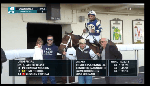 Aqueduct race results board showing Roman Grace finish
